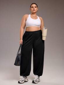 Rhythm Era 女式保暖内衬运动裤，带口袋，宽松直筒裤，松紧腰和脚踝，日常休闲慢跑裤，加大码宽松裤，健身裤，宽松松紧腰裤，舞蹈工作室裤，黑色裤子，瑜伽裤 - 黑色 - 查看 4