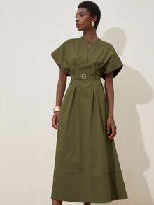 Aveloria Modichic 优雅优雅的女士通勤和约会连衣裙，奢华设计 V 领落肩腰部收腰褶皱连衣裙配腰带 - 軍綠色 - 查看 6