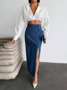 SHEIN Cottnline Chân váy denim dài xẻ tà phía trước lưng thấp - Rửa trung bình - Xem 5