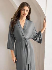 Ocili Leisure Comfortable & Smooth Minimalist Solid Color Bathrobe Holiday Season, Cozy Outfit, Fall & Winter - Grey - View 4