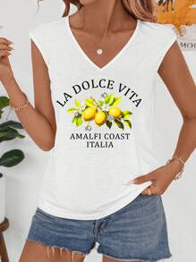 EMERY ROSE Casual V-Neck Watercolor Lemon & Text Print Camisole Tank Top For Women, Suitable For Summer,Casual - White - View 2