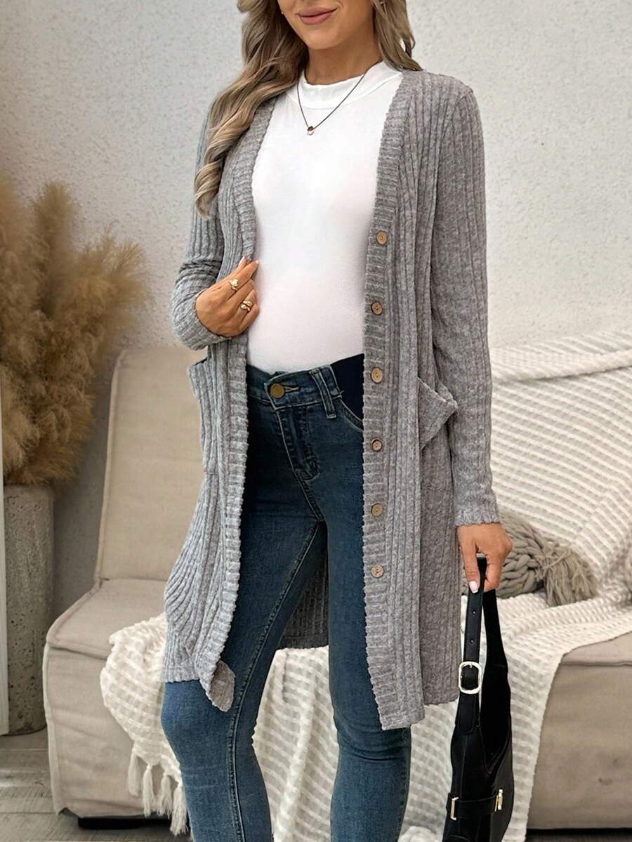 SHEIN Maternity Solid Color Long Sleeve Single-Breasted Ribbed Dual Pocket Casual Thin Jacket - Grey - View 1