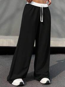 SHEIN Quần dài thể thao đi học cổ điển, cạp chun màu tương phản, dây rút, cạp chun rộng cho bé gái tuổi teen - Đen và trắng - Xem 4