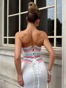 Glamine Sexy Jacquard Knit Patchwork Contrast Color Ruffle Trim Underwire Bustier Top For Women