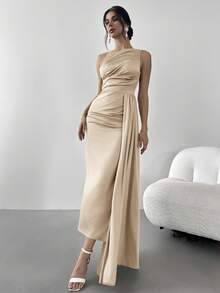 Firerie Váy xếp ly một bên vai nhún bèo cho nữ, thích hợp cho tiệc tùng, dạ hội, dạ hội, thanh lịch, tiệc tối, đêm hẹn hò, gợi cảm, tiệc cocktail, lễ tốt nghiệp - Rượu sâm banh - Xem 6