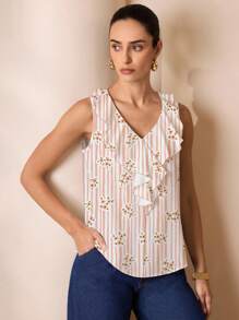 Shutterstock Glamance Women's Elegant Ruffled Sleeveless Loose Blouse, Spring/Summer Women Tops For Summer Ruffle Top Floral Print Top Feminine Tops Flowy Top