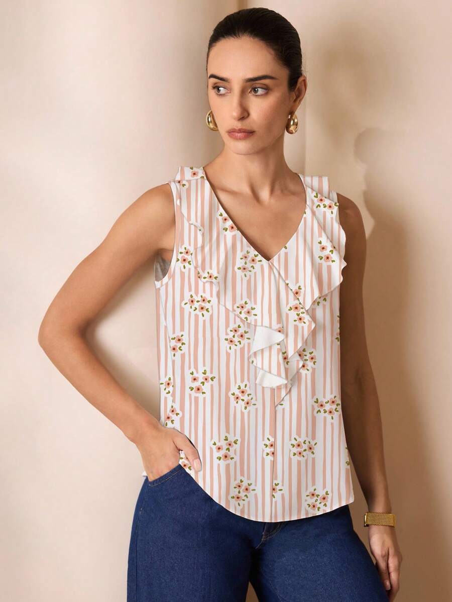 Shutterstock Glamance Women's Elegant Ruffled Sleeveless Loose Blouse, Spring/Summer Women Tops For Summer Ruffle Top Floral Print Top Feminine Tops Flowy Top