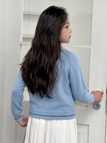 DAZY Tween Girl Tie Neck Design Long Sleeve Single-Breasted Casual Cardigan Fall/Winter - Baby Blue - View 3