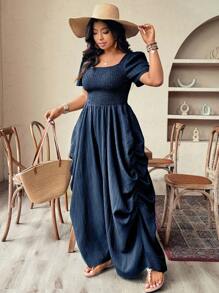 Weeklong Plus Size Women's Holiday Vacation Style Woven Loose Boat Neck Short Sleeve Jumpsuit - Navy Blue - View 6