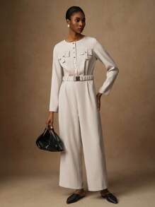 Lyxana Jumpsuit Wanita Elegan Warna Polos dengan Leher Bulat dan Gesper Logam, Pakaian Musim Gugur untuk Wanita - Aprikot - View 6