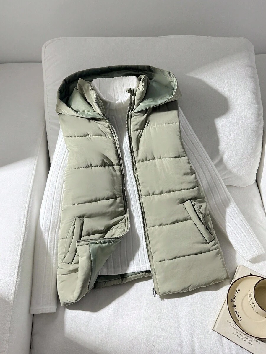 SHEIN 少女褶皱连帽无袖休闲背心，秋冬季款 - 薄荷綠 - 查看 1