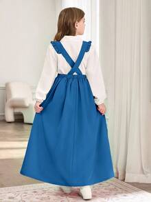 Set di gonna a balze con fiocco e bretelle e maglietta bianca per ragazze pre-adolescenti, stile casual da scuola, completo da divisa scolastica - Blu - Visualizzare 2