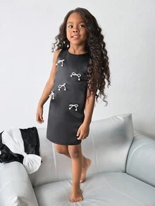Maija Kids Maija Kids Young Girl Round Neck Pearl Bow Decor Dress Pearl Dress Young Girls Bow Dress Young Girls Dress - Black - View 6