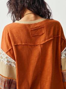 Bohemela Áo thun tay dài họa tiết chắp vá màu cam cỡ lớn, áo thu cho nữ - Màu vàng - Xem 4