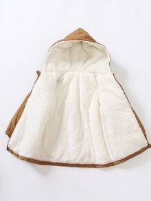 SHEIN 1 件年轻男孩休闲风格卡其色加厚白色羊毛连帽长袖连体裤，简约时尚个性化百搭，适合 4-7 岁男孩日常休闲装返校季