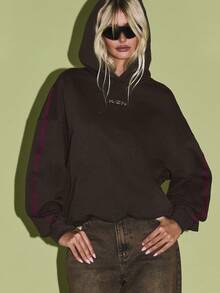 KIZN 长款套头连帽衫，带侧条纹细节，冬季休闲抽绳宽松棉混纺家居服秋季时尚街头运动衫 - 棕色 - 查看 4