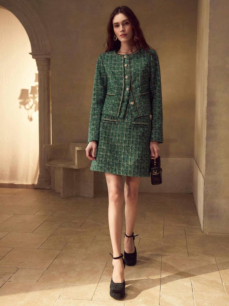 MOTF PREMIUM 纽扣撞色饰边西装外套 - 墨綠色 - 查看 5