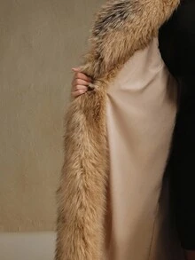 Anewsta Plus Size Contrast Color Pocket Long Sleeve Faux Fur Jacket, New Autumn/Winter Design