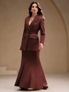 Anewsta Office Lady Brown Elegant Suit Set, Long Sleeve Jacket And Mermaid Maxi Skirt, Autumn/Winter - Coffee Brown - View 3