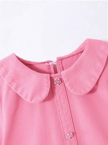 Tween Girl Fuchsia Peter Pan Collar Long Sleeve Ruffle Hem Casual Cute Sweet Pleated Dress - Hot Pink - View 7
