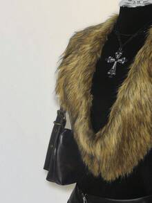 SHEIN ICON 女式时尚性感露背仿皮草上衣秋季女装