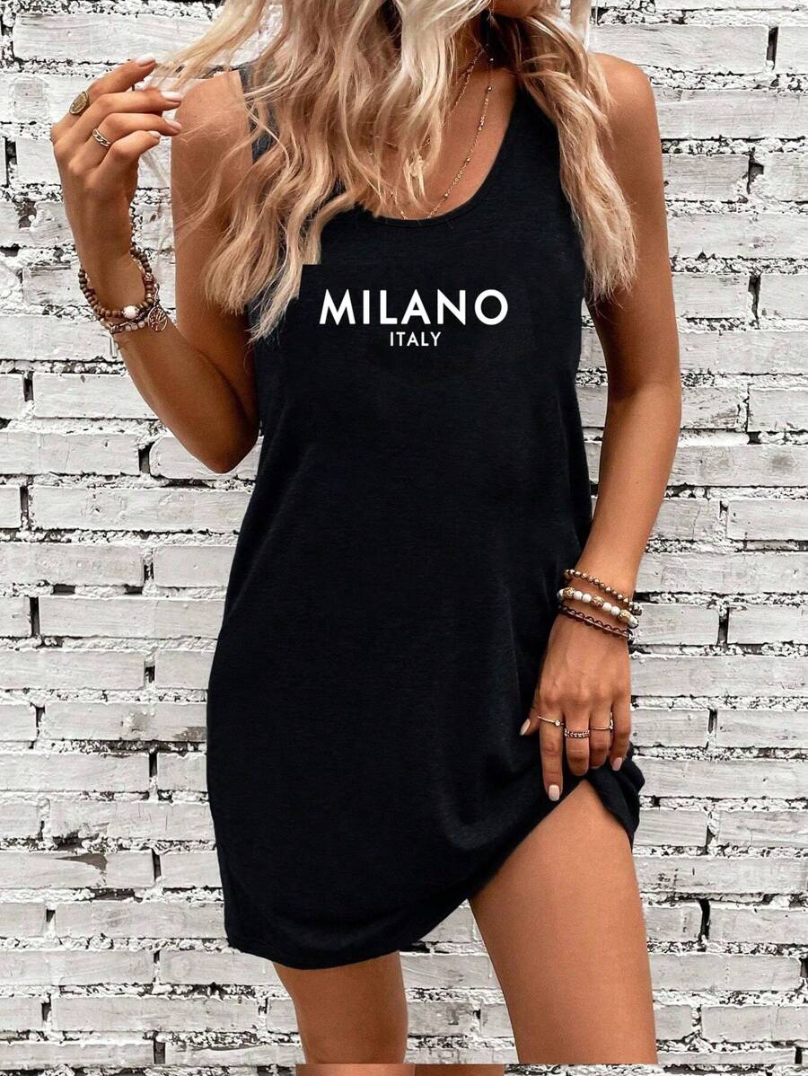 SHEIN LUNE Đầm vest nữ kiểu dáng tối giản in họa tiết Milan, thích hợp cho mùa hè, trang phục đi nghỉ mát, đầm hè cho nữ, thích hợp đi chơi, đầm thanh lịch, đầm thường ngày. - màu đen - Xem 1