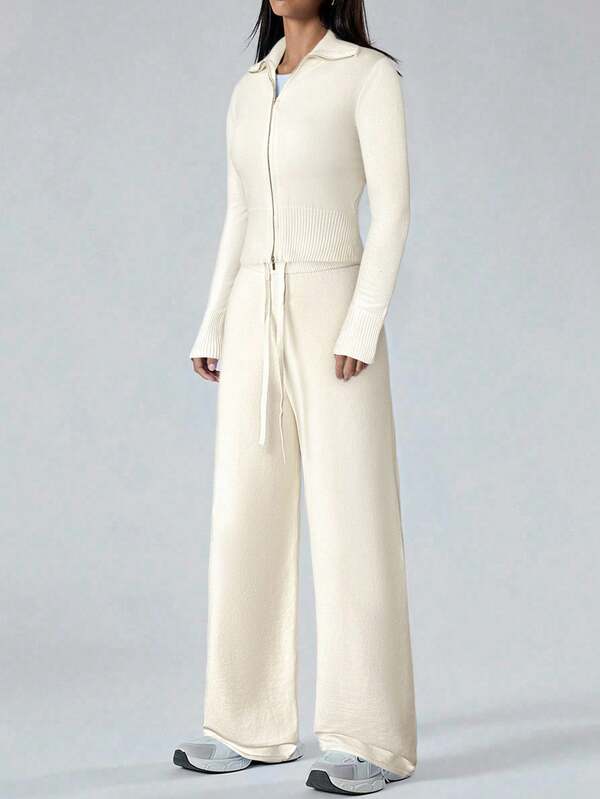LYSMO Conjunto de 2 piezas de suéter informal de mujer con cardigan con cremallera en color albaricoque y pantalones de punto para otoño/invierno