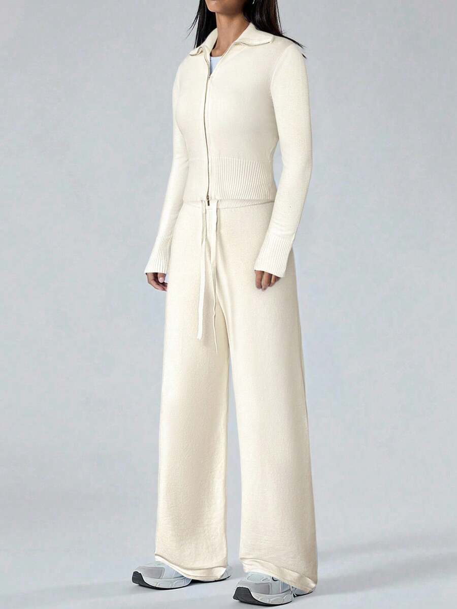 LYSMO Conjunto de 2 piezas de suéter informal de mujer con cardigan con cremallera en color albaricoque y pantalones de punto para otoño/invierno - Albaricoque - Ver 1