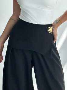 Firerie Pantalones envolventes negros sencillos y elegantes para mujer, de uso casual y para la oficina, de pierna ancha y suelta, adecuados para verano y otoño, con decoración de hebilla metálica en la cintura, para aeropuerto, vacaciones, profesora