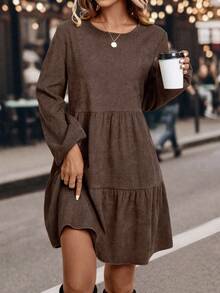 EMERY ROSE Vestido feminino casual solto, cor sólida, gola redonda, manga lanterna, bainha com babados, outono