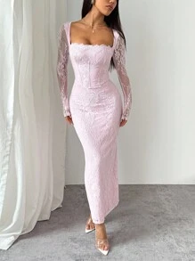 SHEIN PETITE فستان ماكسي أسود ضيق للجسم بياقة مربعة وأكمام طويلة من الدانتيل على شكل S مثير للحفلات والمناسبات الصيفية الجديد للنساء - وردي - مشاهدة 3