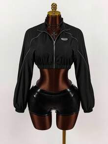 Amplova Áo khoác nữ mùa thu có chi tiết vá chữ tương phản viền ống màu đen - màu đen - Xem 1