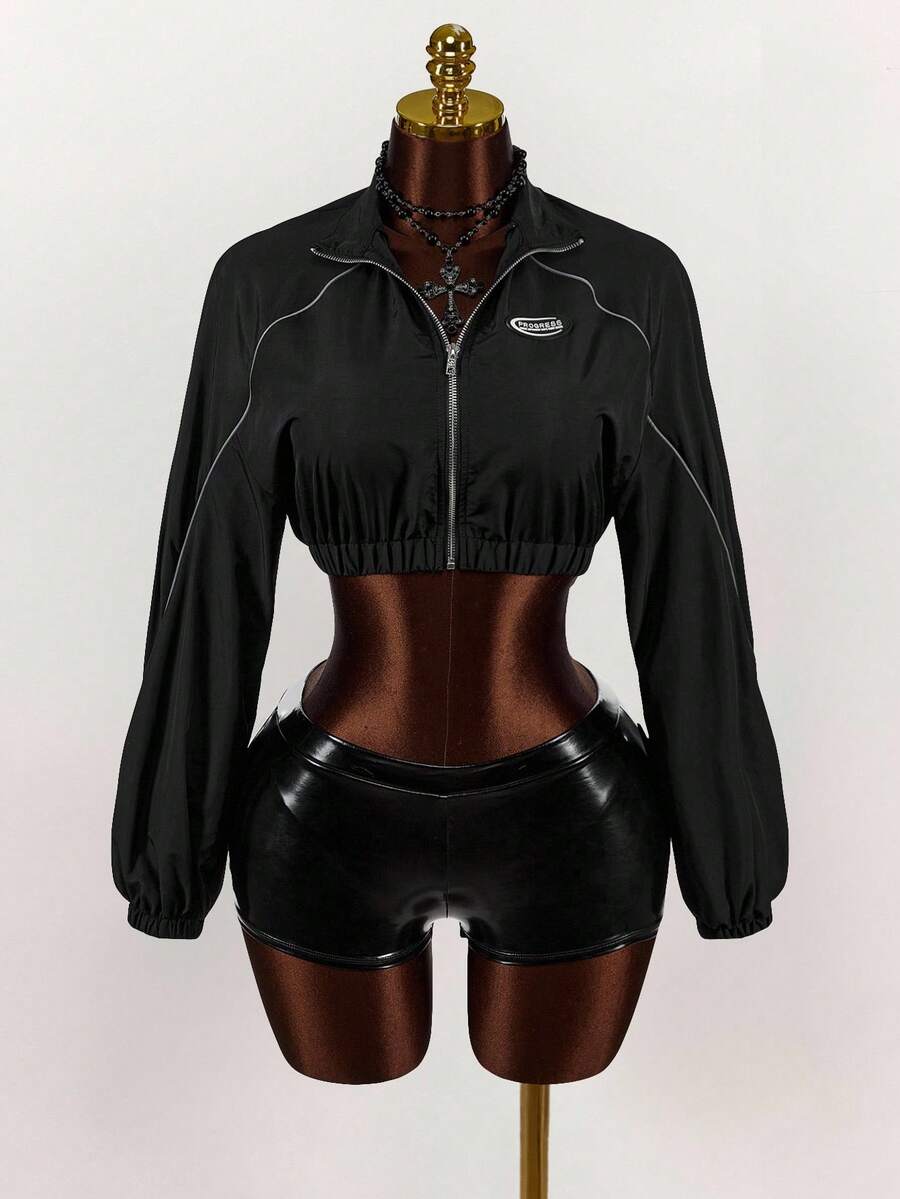 Amplova Áo khoác nữ mùa thu có chi tiết vá chữ tương phản viền ống màu đen - màu đen - Xem 1