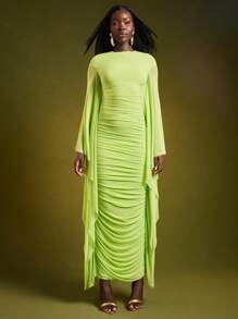 NYA SZN 连衣裙长袖蝙蝠袖褶饰镂空细节修身特殊场合活动婚礼宾客新娘派对毕业典礼日期端庄优雅伊比沙岛正式网眼长裙霓虹绿假日万圣节秋冬女士服装 - 綠色 - 查看 4