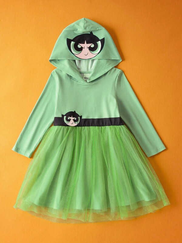 THE POWERPUFF GIRLS X SHEIN Young Girl Cute Buttercup Pattern Contrast Mesh Long Sleeve Hooded Costume Dress, Green Style
