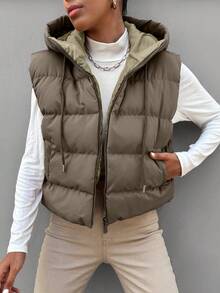 RueChic 女式連帽無袖棉褸背心,帶束口設計 - 灰色 - 查看 5