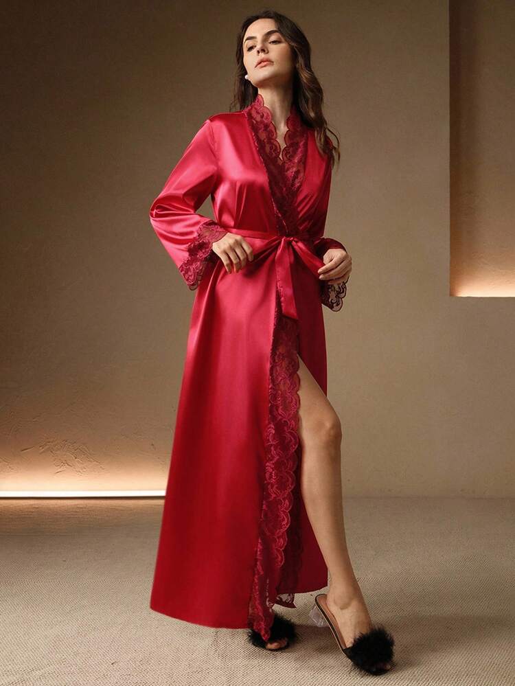 Anewsta Robe de chambre rouge en dentelle longue, nuisette femme de luxe, vêtements d'intérieur, vacances