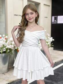 SHEIN 优雅纯色时尚休闲露肩少女连衣裙