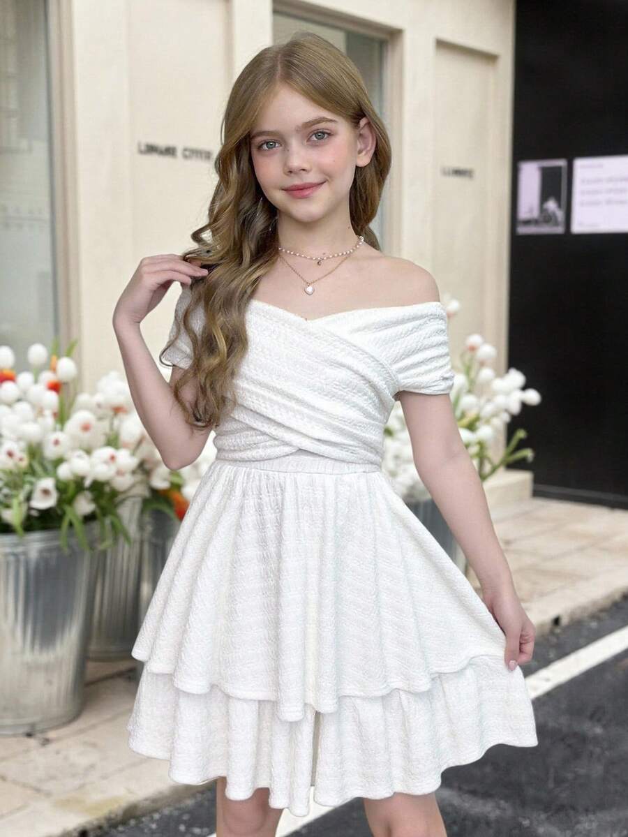 SHEIN 优雅纯色时尚休闲露肩少女连衣裙