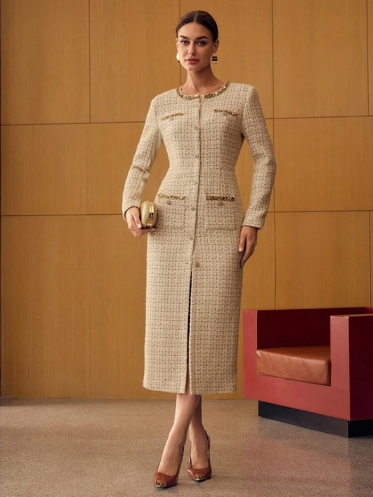 TWEED CONTRAST SEQUIN MIDI DRESS