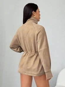 SHEIN PETITE Women's Solid Color Waist Cinched Faux Suede Jacket, Suitable For Commuting In Fall/Winter - Khaki - View 7