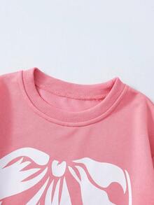 Sparklyn 2 件套青少年女孩休闲装 - 深粉色蝴蝶结印花运动衫 + 蓝色水洗牛仔裤，绣有蝴蝶结，可爱 - 西瓜粉 - 查看 5