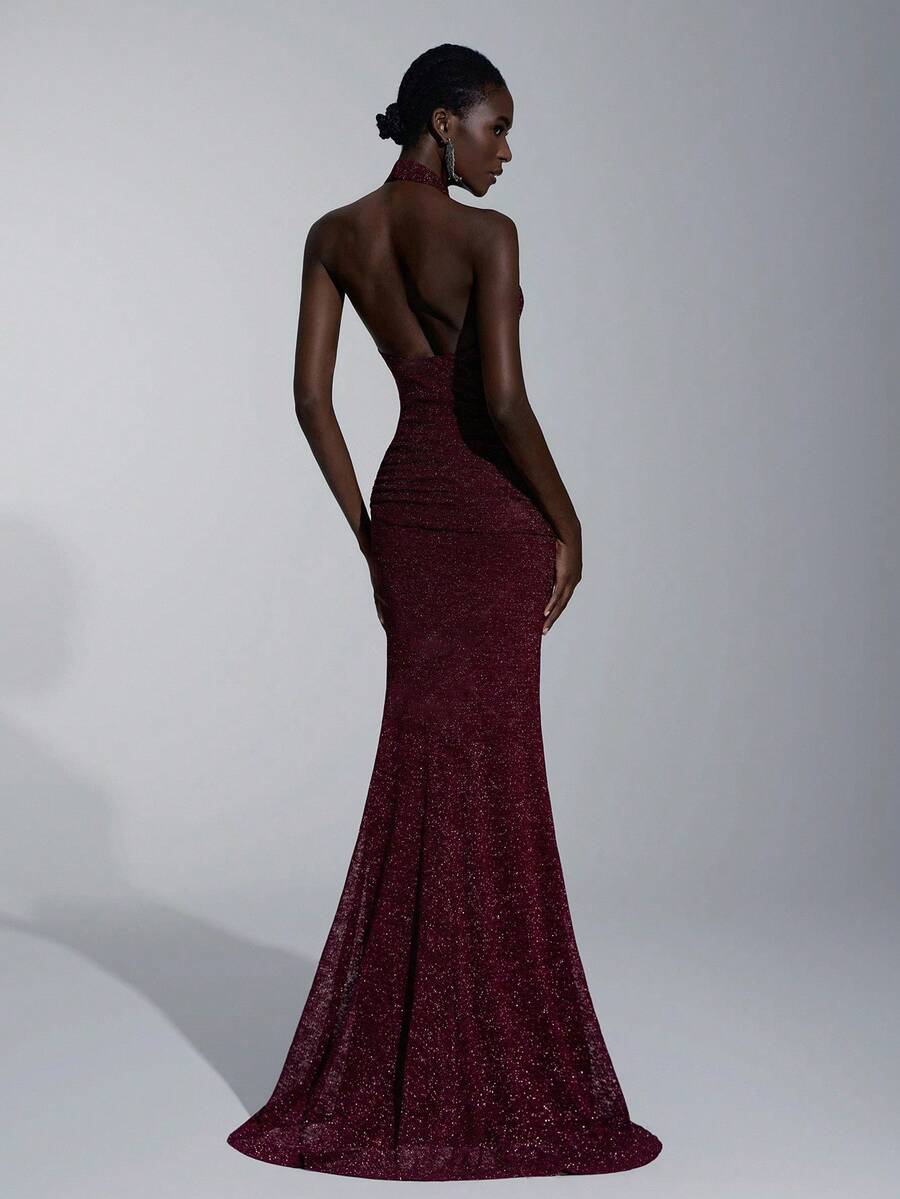 Elitara 优雅、浪漫、端庄、简约、酒红色、针织弹力面料、鱼尾下摆、拖尾、时尚、网红、节日、度假、生日派对、婚礼活动、伴娘礼服、舞会礼服、伴娘礼服