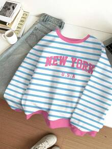 SHEIN Dopamine Stripe, Teen Girl Casual Minimalist Thick Soft "NEW YORK" Letter Loose Crew Neck Comfortable Long Sleeve Sweatshirt, Suitable For Autumn/Winter Daily Wear, Cozy Season, Autumn Outfits For Outing, Easy Comfort, Autumn & Winter Layers For Girls, Stylish Kids, Casual Wear, Kids Graphic Sweatshirt, Back To School, Fall Clothes, Homecoming, Chic Autumn, Fall New Style - Multicolor - View 3