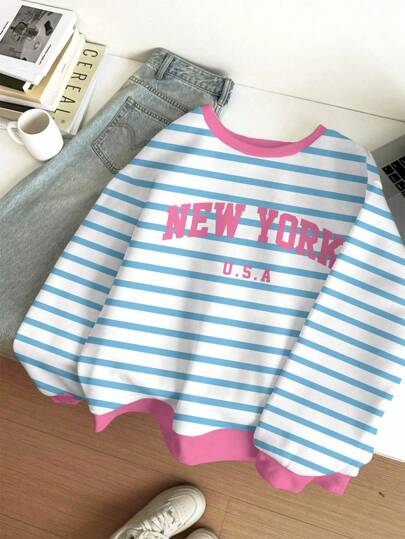 SHEIN 少女多巴胺条纹休闲简约“NEW YORK”字母宽松圆领舒适长袖卫衣，适合秋冬季节穿着，舒适百搭，适合秋季叠穿，时尚休闲，图案卫衣，返校季/返校节必备