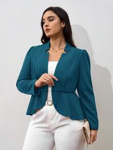 SHEIN Clasi Plus Notched Detail Ruffle Hem Blazer,Business Casual Woman In Fall/Winter - Cadet Blue - View 3