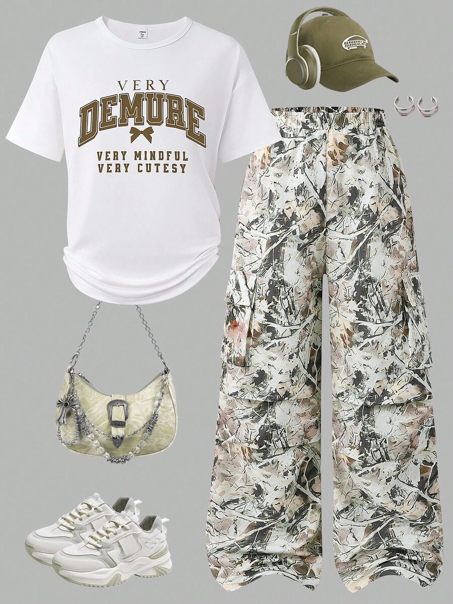 SHEIN Sparklyn 2 件套青少年女孩夏季字母印花圆领短袖 T 恤和树枝印花休闲工装裤 - 彩色 - 查看 1