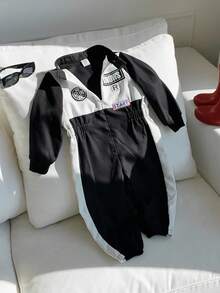 Quần liền quần thể thao thoải mái, màu sắc tương phản, phong cách phi công/tay đua, dành cho bé trai/bé gái mùa thu/đông - Đen và trắng - Xem 5