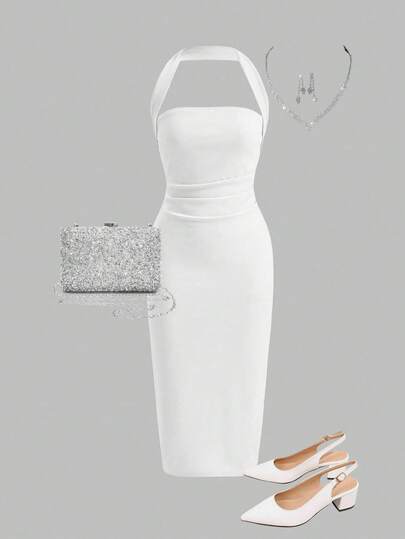 SHEIN 青少年女孩休闲优雅通勤简约纯色褶饰挂脖露背长款紧身连衣裙，白色