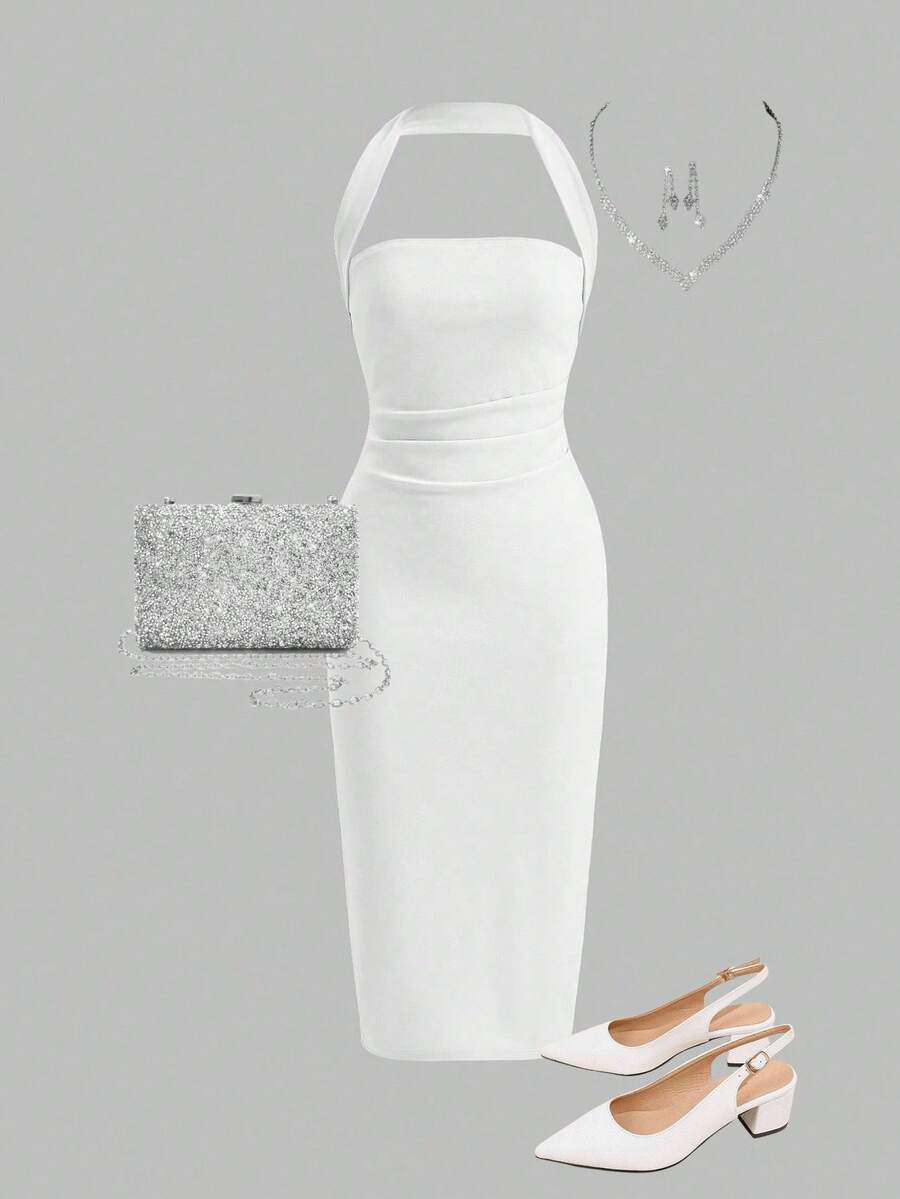 SHEIN 青少年女孩休闲优雅通勤简约纯色褶饰挂脖露背长款紧身连衣裙，白色 - 白色 - 查看 1